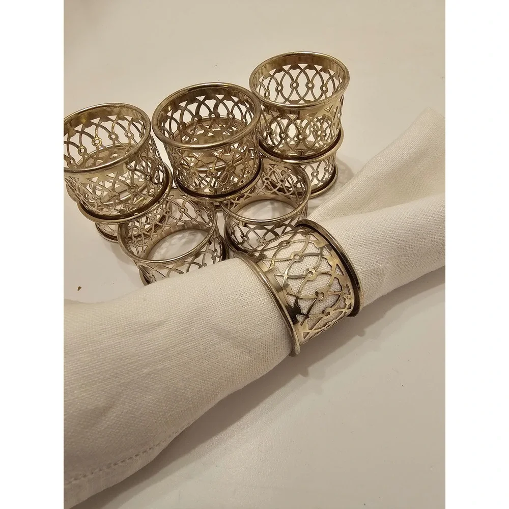 Vintage Silver Toned Filigree Napkin Rings Set of 9 Openwork Lattice Design